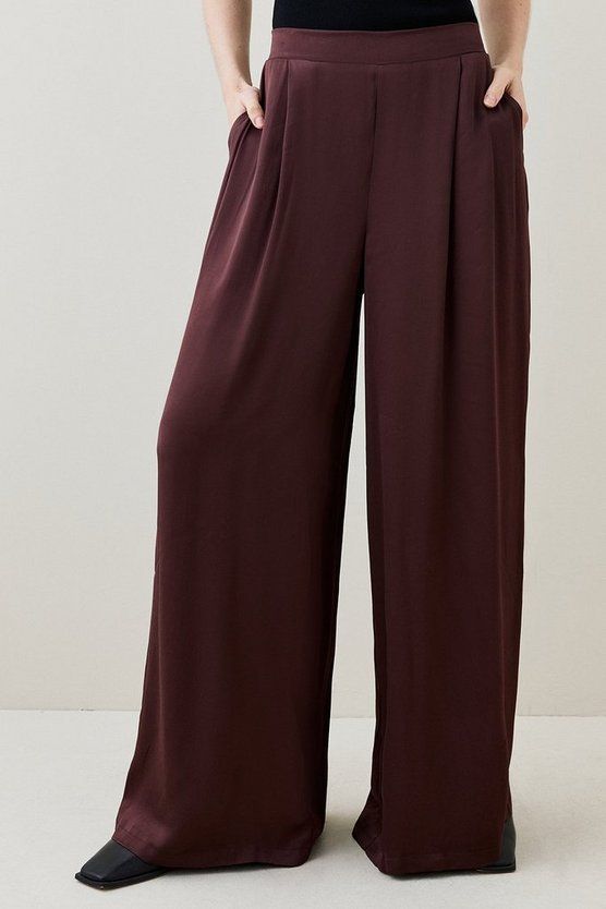 Viscose Satin Wide Leg Woven Trousers | Karen Millen UK + IE + DE + NL