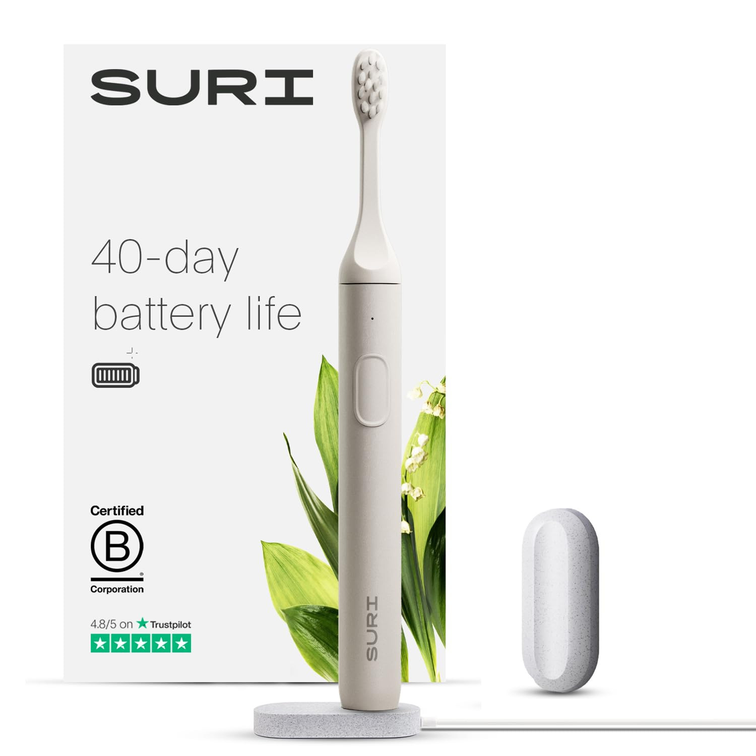 SURI Sustainable Sonic Toothbrush, Slim and Powerful Electric Toothbrush, Recyclable Plant Based Head, 2 Modes, Includes Mirror Holder and USB Charging Stand, Sea Mist | Amazon (DE)