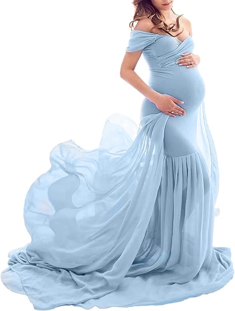 JustVH Maternity Off Shoulder Mermaid Chiffon Gown V Neck Maxi Photo Shoot Photography Dress for ... | Amazon (US)