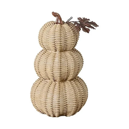 10"/7"/5" Basketweave Stacked Pumpkins with Metal Leaves, Halloween Rustic Faux Rattan Fall Harvest Decoration, Autumn Pumpkin Centerpiece for Thanksgiving Home Table, Mantle & Porch Decor | Walmart (US)