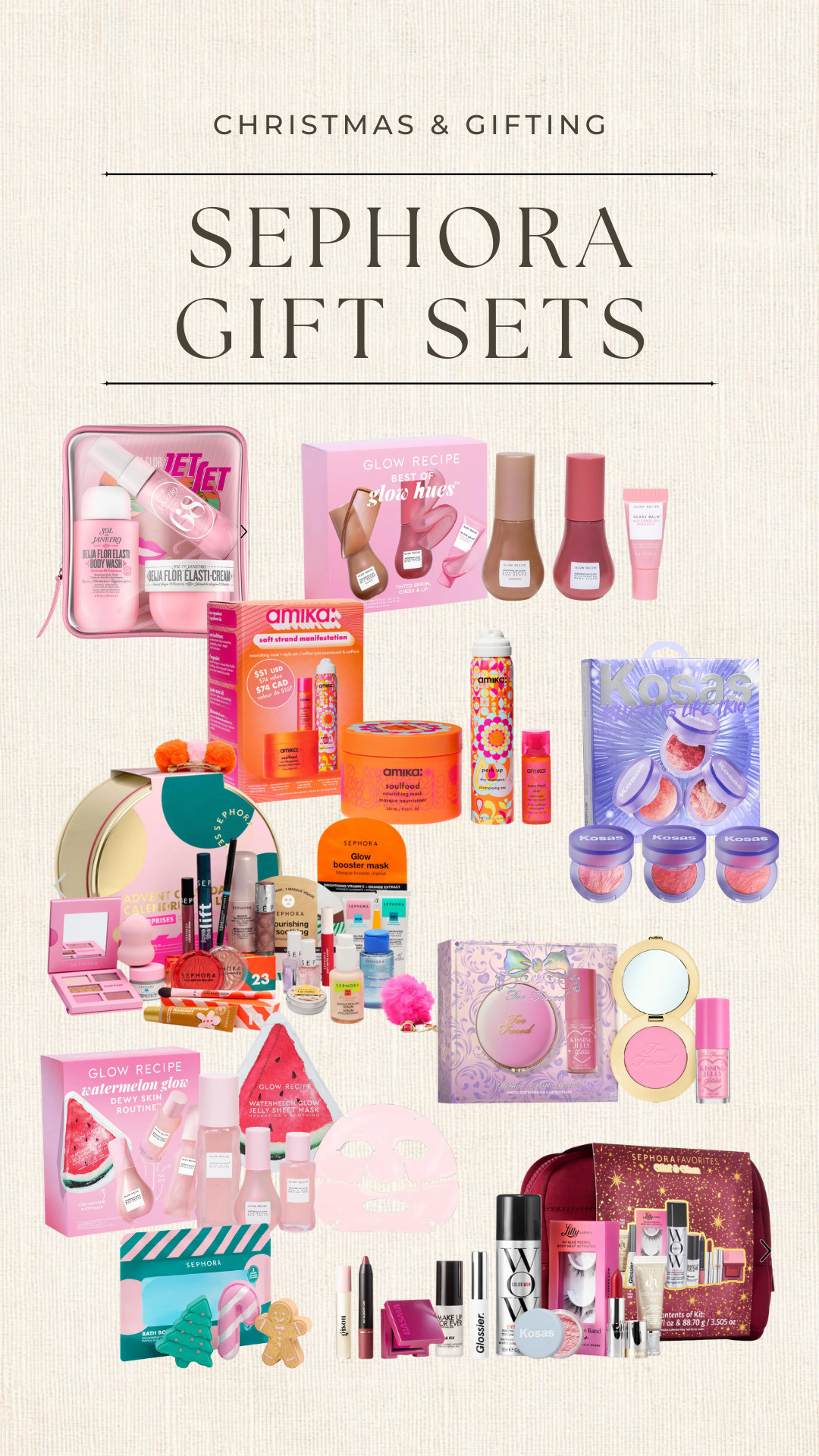 Sephora gift sets I love!!!
.
.
.
Christmas gift ideas, gift sets, beauty, makeup, makeup gifts, beauty gits, glow recipe, sephora favorites, amika, bath bombs, blush, body care, hair products 

 #LTKGiftGuide #LTKHoliday #LTKSeasonal