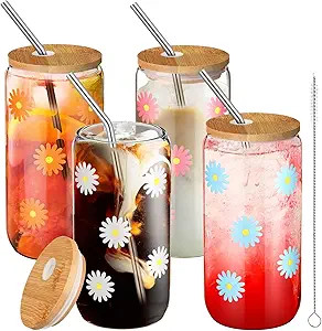 meekoo 4 Pieces Daisy Glass Cup with Bamboo Lids and Straws, 16oz Beer Can Shaped Drinking Glass ... | Amazon (US)