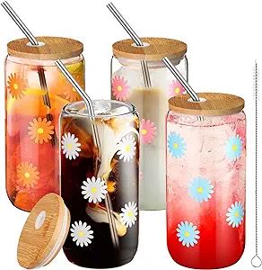 meekoo 4 Pieces Daisy Glass Cup with Bamboo Lids and Straws, 16oz Beer Can Shaped Drinking Glass ... | Amazon (US)