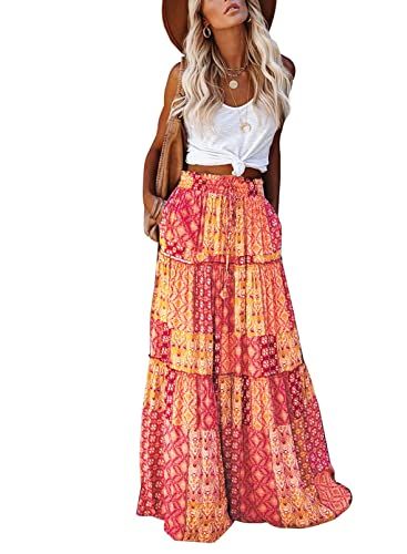 Amazon.com: EARKOHA Womens Casual High Waist Tiered Paisley Print Long Maxi Skirt with Pockets Bl... | Amazon (US)