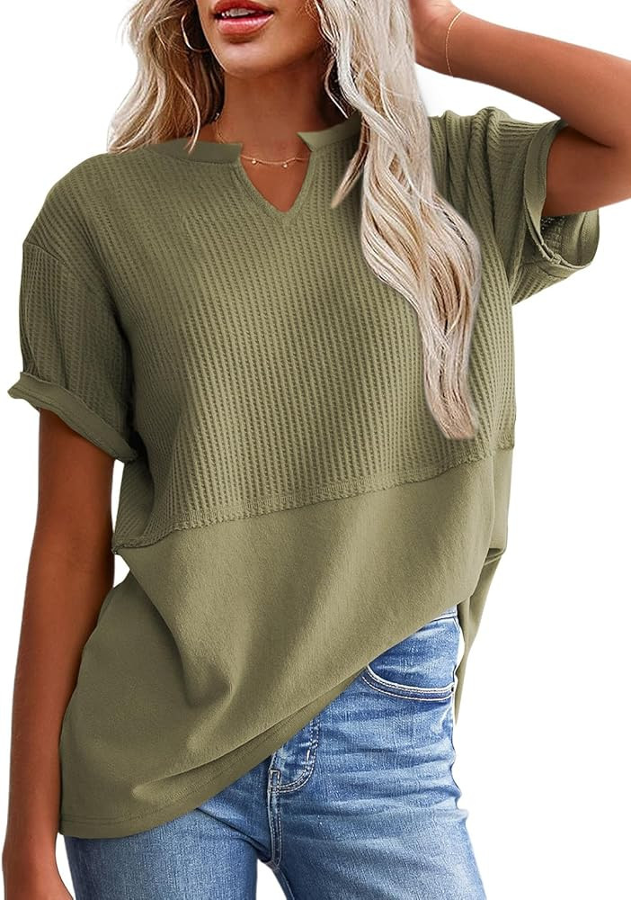 SHEWIN Womens Casual V Neck Waffle Knit Tops Short Sleeve T Shirts Loose Blouses | Amazon (US)