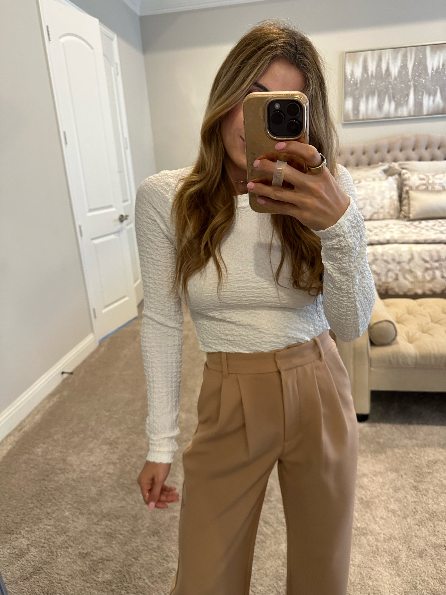 White woven top Xs on sale nude camel trouser size 24s code AFBELBEL 

#LTKsalealert #LTKunder100 #LTKFind