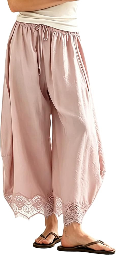 Lace Hem Wide Leg Pants for Women Summer Casual Lightweight Flowy Palazzo Pant Beach Vacation Out... | Amazon (US)