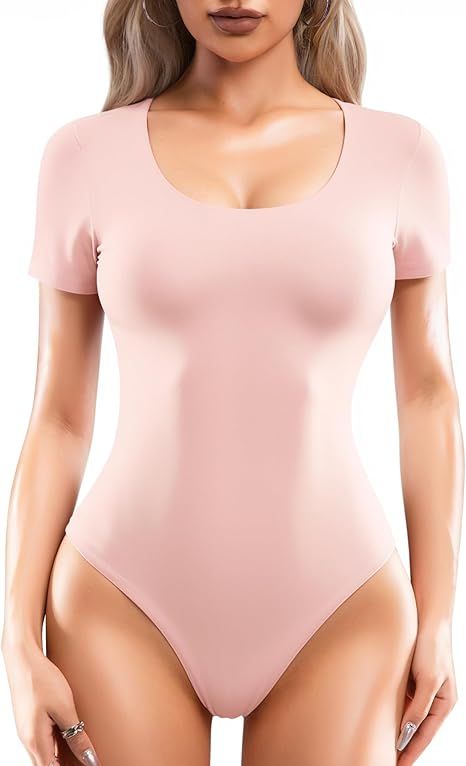 MANGOPOP Body de manga corta con doble forro para mujer, con cuello redondo, sin costuras | Amazon (US)