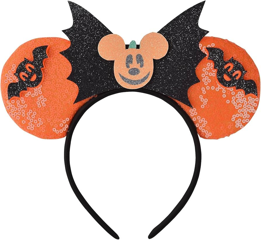 Halloween Minnie Ears Bow Headbands, Sequin Mickey Ears Halloween Bat Headband Glitter Party Prin... | Amazon (US)