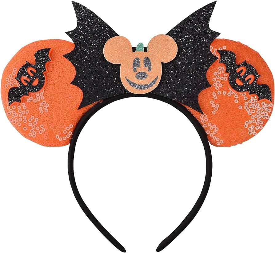 Halloween Minnie Ears Bow Headbands, Sequin Mickey Ears Halloween Bat Headband Glitter Party Prin... | Amazon (US)