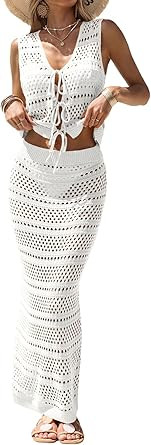 Fisoew Womens Crochet Cover Up 2 Piece Skirt Sets Sleeveless Crop Cardigan Tank Tops Swim Coverup... | Amazon (US)