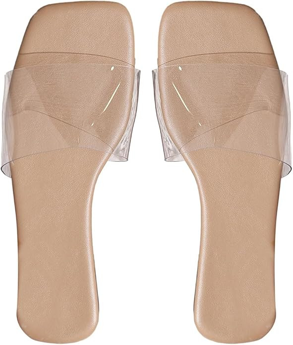 Verdusa Clear Sandals For Women Square Toe Slides Summer Slip On Flat Sandals | Amazon (US)