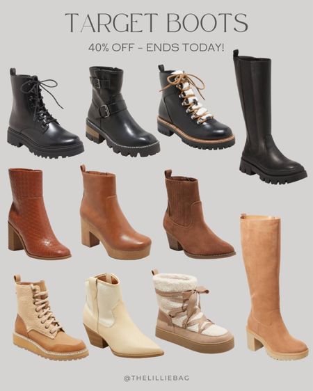 Target boots on sale!! 40% off ends today. Chelsea boots. Tall boots. Lug sole. Dress boots. Snow boots. Combat. Western. Winter boots. Holiday gifts  

#LTKsalealert #LTKunder50 #LTKshoecrush