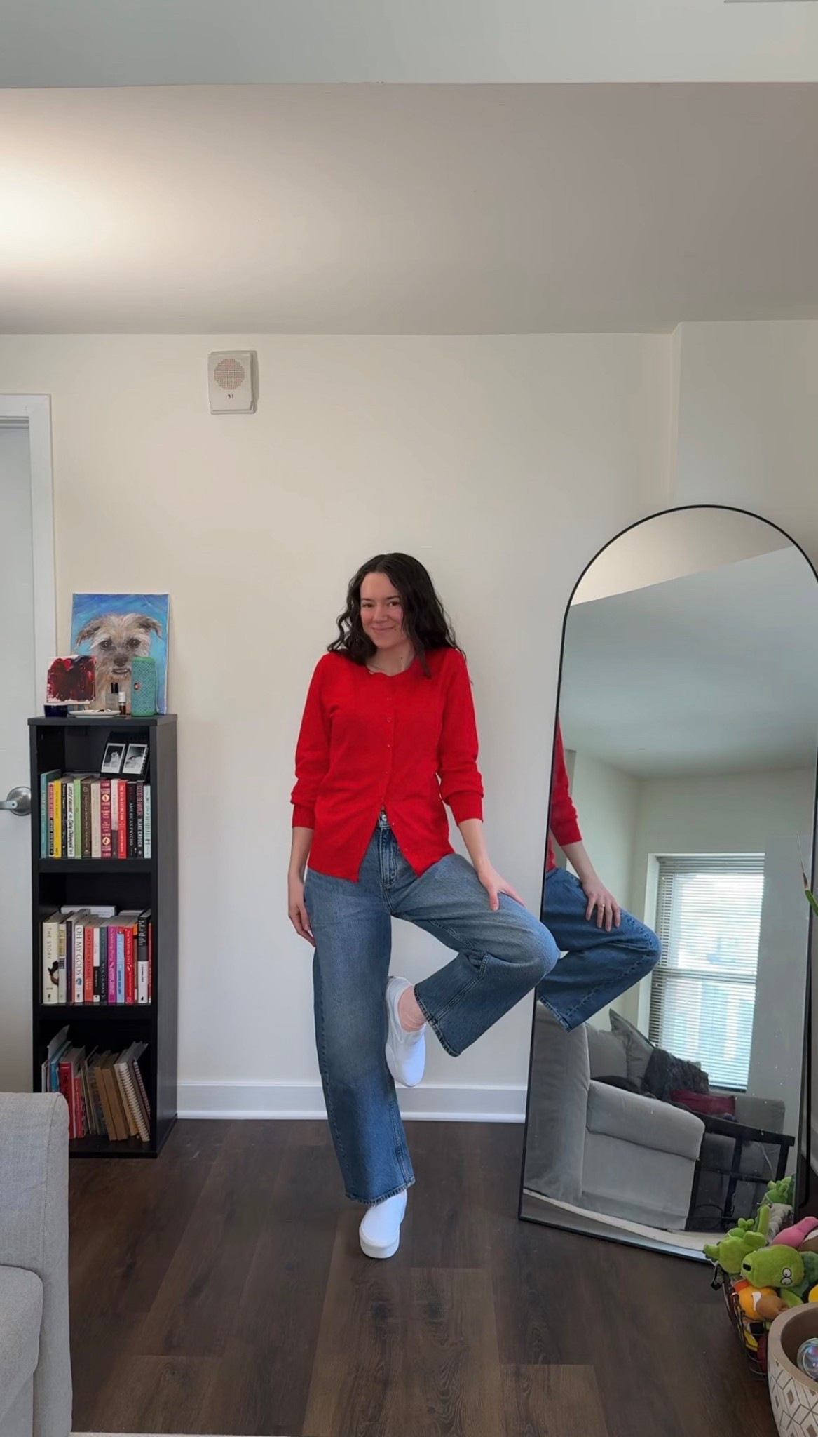 Master the "Pop of Red" trend this season. This classic red fitted cardigan adds a vibrant energy to high-waisted barrel jeans. A timeless spring capsule wardrobe staple that balances a bold hue with relaxed, everyday denim. Styled with clean white slip-on platforms for a sleek, monochromatic finish on the bottom.

#PopOfRed #WideLegJeans #SpringCapsuleWardrobe #RedCardigan #DenimStyle #EffortlessChic

#LTKPetite #LTKootd