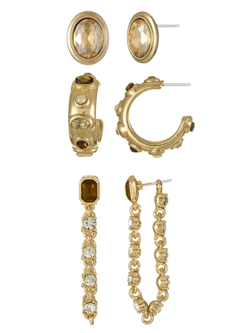 Time and Tru Goldtone Multi Earring Set with Stud, Hoop and Drop Earrings, Brown, 3 Pairs | Walmart (US)