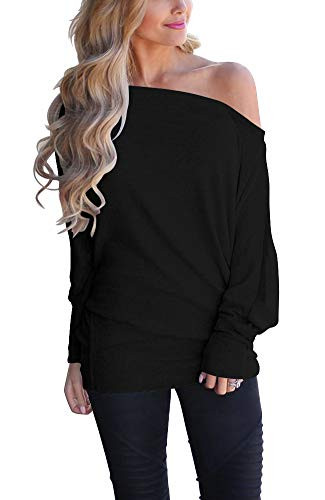 Lacozy Women's Plus Size Tops Off Shoulder Long Batwing Sleeve Tunic T Shirt Blouse Fall Outfit Black XXL | Amazon (US)
