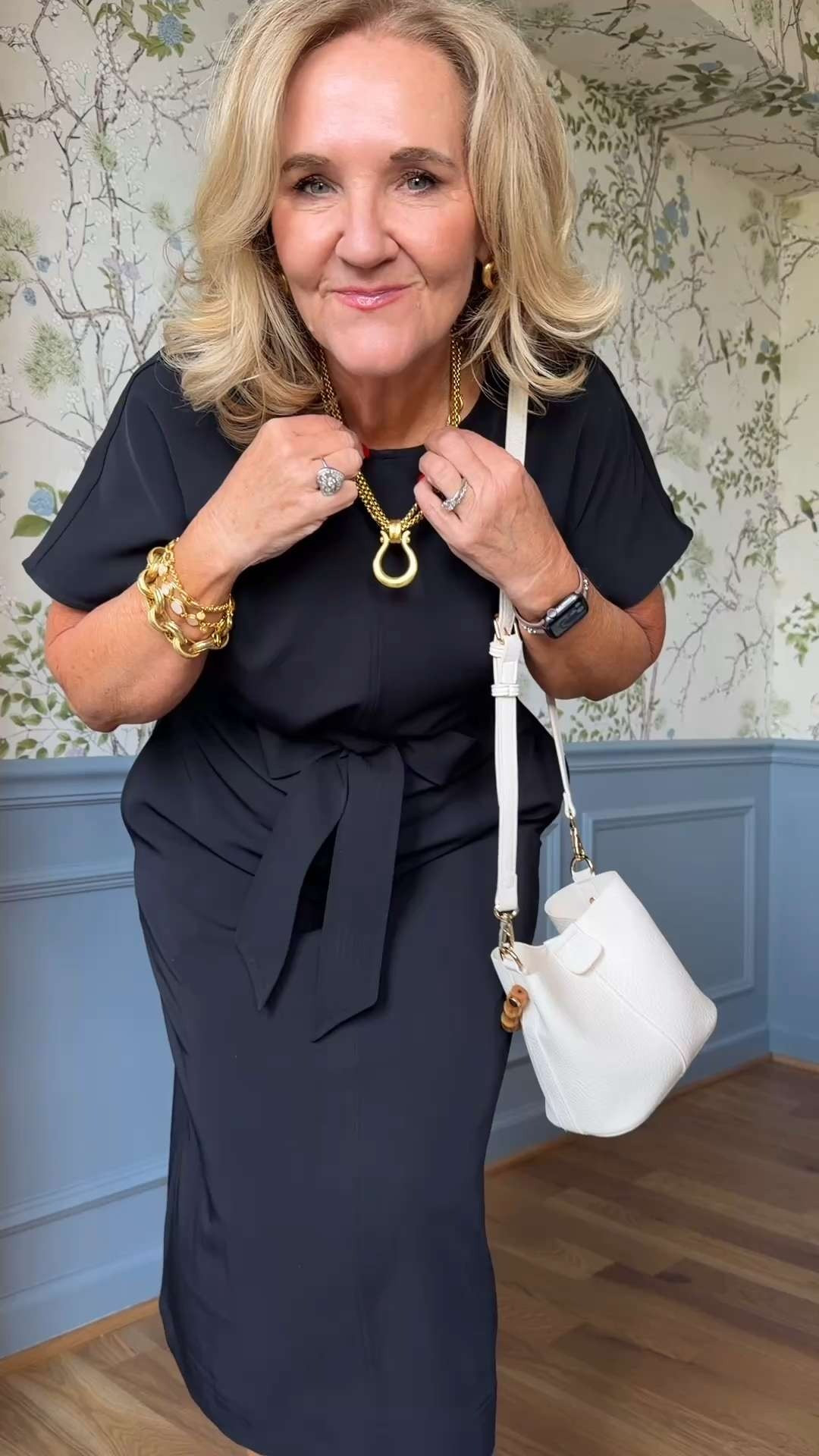 A simple black dress + gorgeous Julie Vos jewelry = an effortless outfit. ✨

The pendant necklace adds the perfect focal point, while the layered gold bracelets and coordinating earrings bring warmth and polish to this classic look. 🫶🏻 

 #LTKootd #LTKSeasonal #LTKOver40