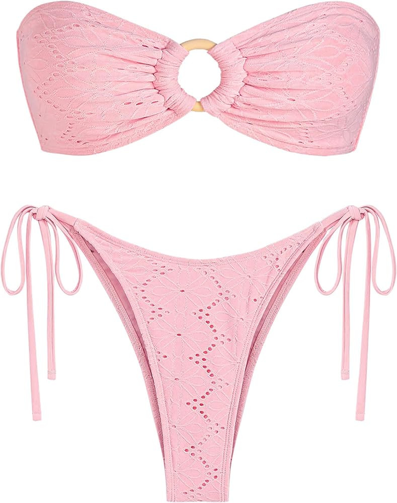 ZAFUL Women's Bandeau Bikini O Ring Strapless Tie Back High Cut Two Piece Swimsuit Bathing Suits | Amazon (US)