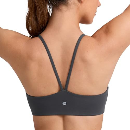 CRZ YOGA Butterlift Double Lined V Back Sports Bras for Women - Scoop Neck Spaghetti Strap Wireless Yoga Top Non Padded Mysterious Grey X-Small | Amazon (US)