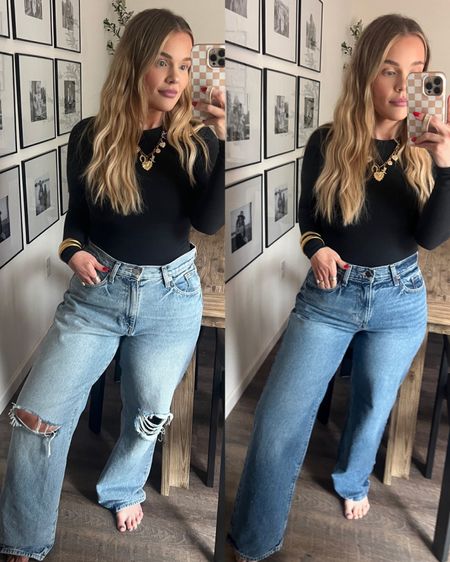 The best affordable jeans! Wearing a size 8 in the distressed denim and a size 6 in the darker. 