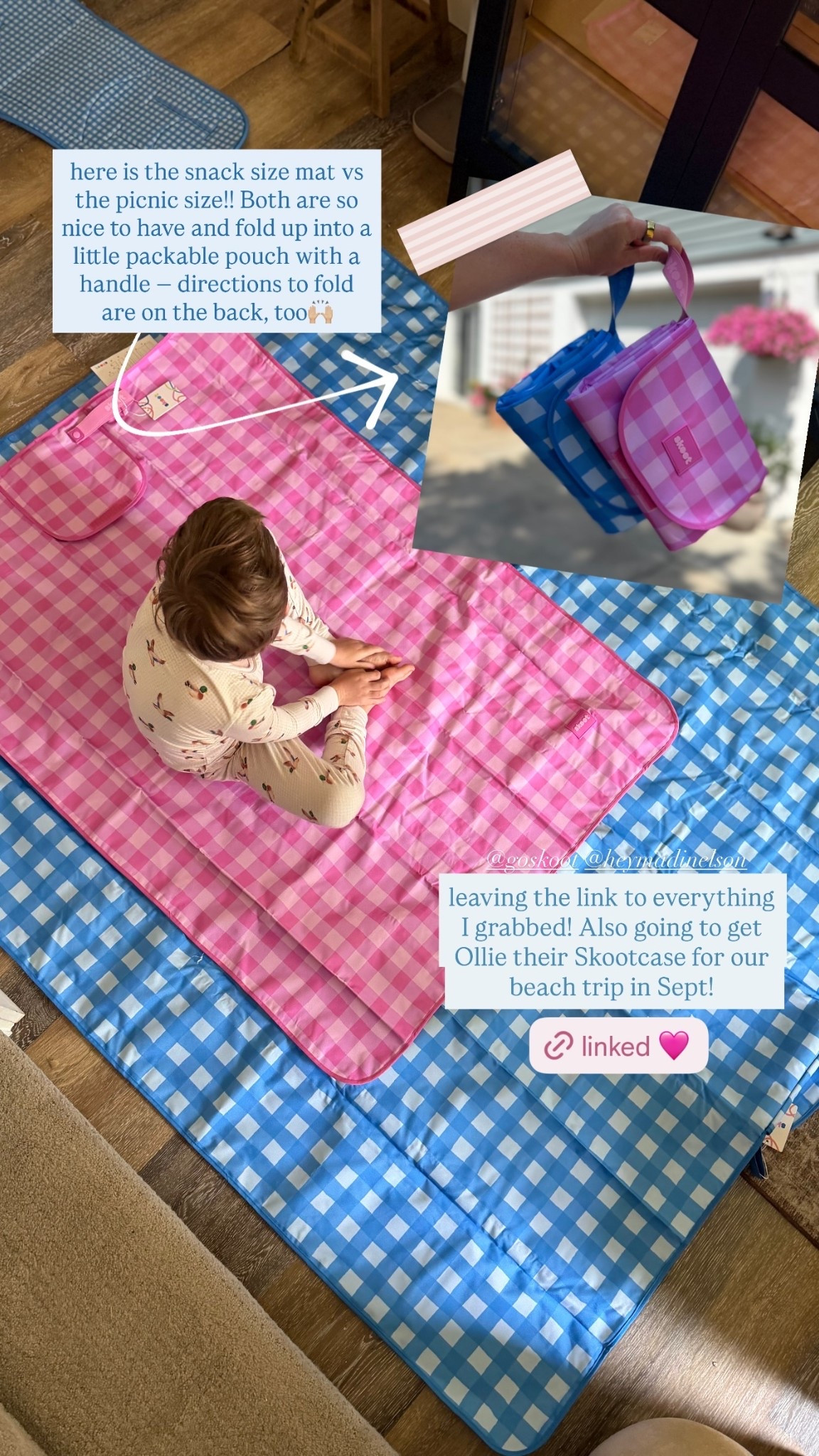 leaving the link to everything I grabbed! Also going to get Ollie their Skootcase for our beach trip in Sept!  @goskoot @heymadinelson here is the snack size mat vs the picnic size!! Both are so nice to have and fold up into a little packable pouch with a handle — directions to fold are on the back, too🙌🏼