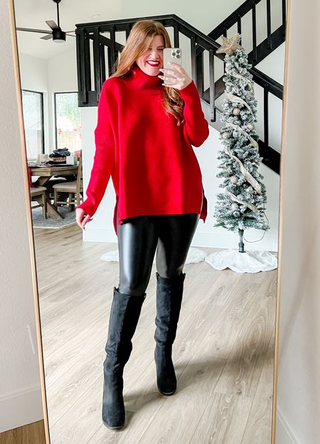 Casual holiday outfit. Oversized sweater size large with faux leather leggings. Knee high boots. Amazon outfit. 

#LTKstyletip #LTKHoliday #LTKsalealert