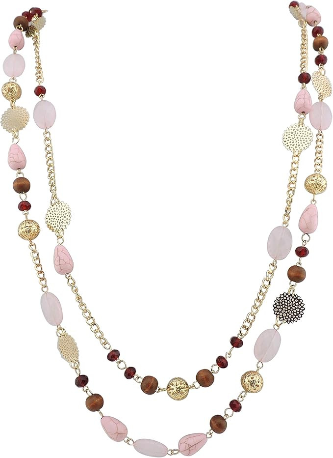 BOCAR 2 Layer Long Link Chain Necklace Crystal Beads Women Party Long Necklace Gift | Amazon (US)