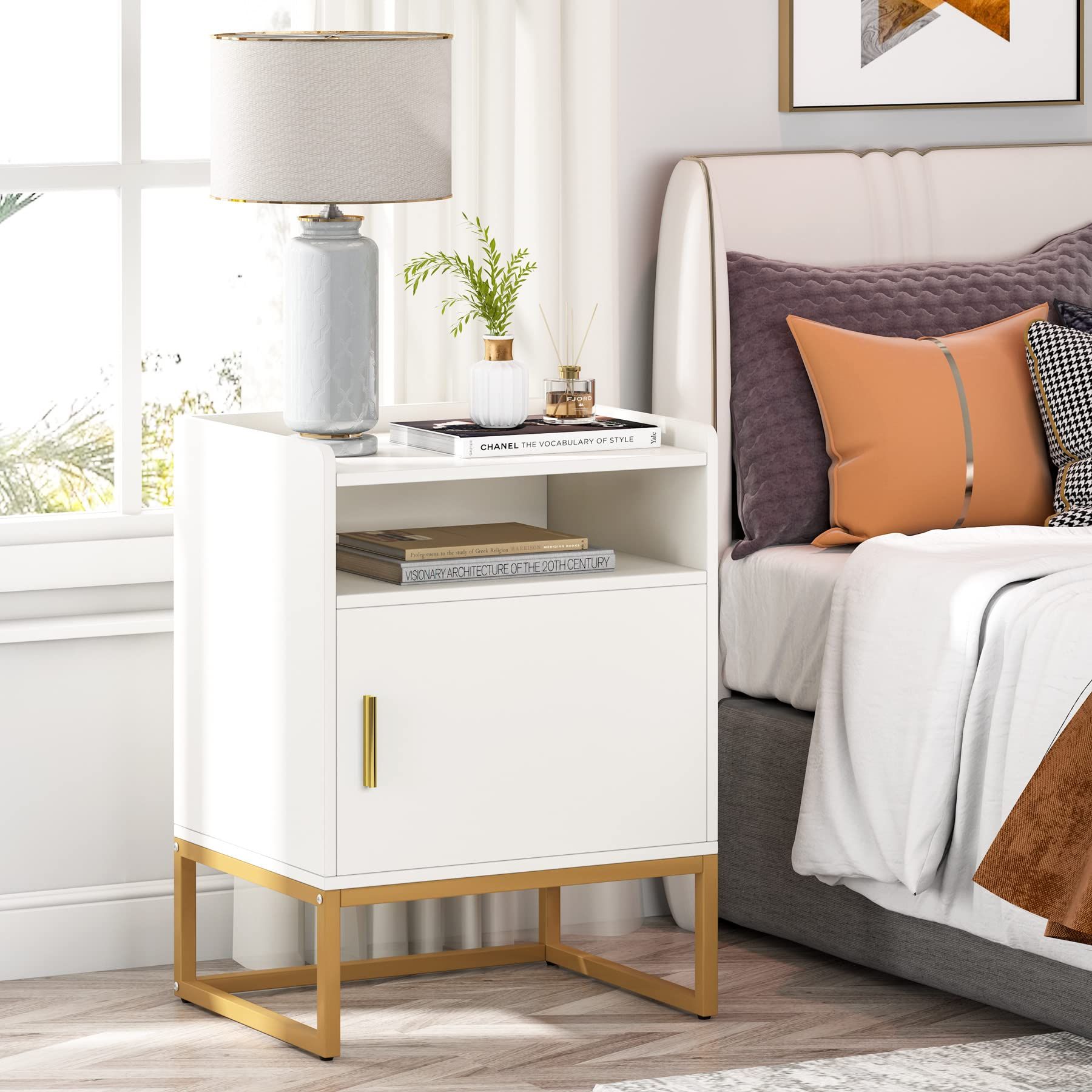 Tribesigns Nightstand Tall Side Table, Modern Night Stand Bedside Table with Cabinet and Storage She | Amazon (US)