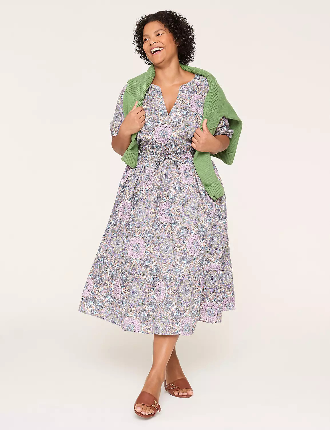 Puff-Sleeve Tie-Waist Midi Dress | Lane Bryant (US)