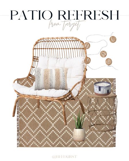 Patio refresh from Target, Target patio inspiration, Target patio furniture, Target egg chair, Target patio chair, outdoor rug, outdoor pillows, outdoor furniture, citronella candle, patio lights, lantern string lights, lantern patio lights, affordable patio decor

#LTKstyletip #LTKhome #LTKSeasonal
