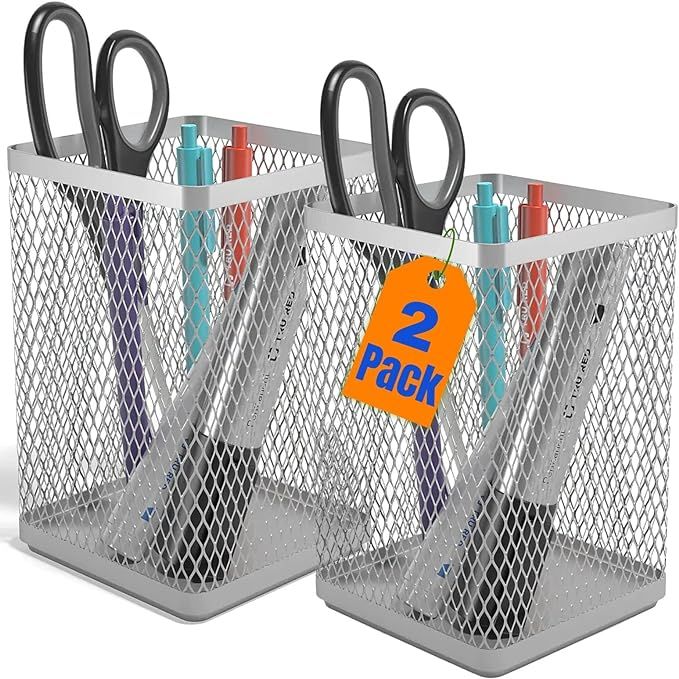 Large Pen Holder, Big Tall Pencil Cup, Silver Wire Mesh ''2 Pack'' | Amazon (US)