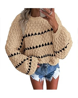 Okiwam Womens Long Sleeve Sweaters Crew Neck Striped Color Block Pullover 2024 Fall Fashion Overs... | Amazon (US)