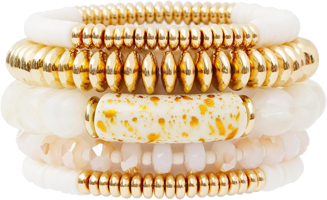 GOOJIDS Simple Beaded Gold Bangles Bracelet Chunky Bamboo Tube Curved Stacking Clear Acrylic Colo... | Amazon (US)