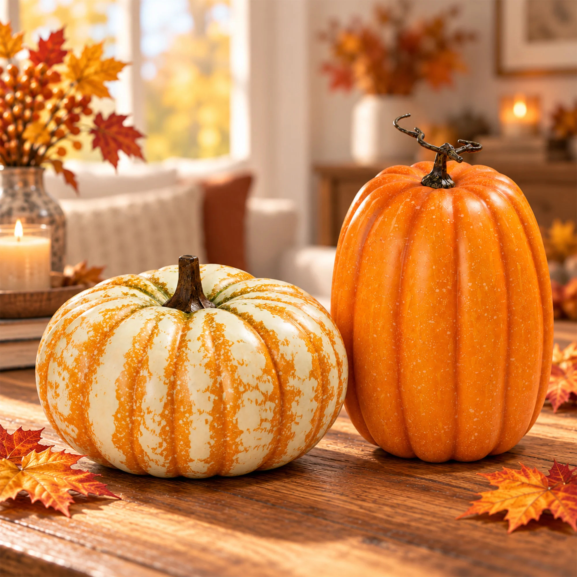2‑Pack Artificial Halloween Pumpkins, Faux Fall Porch Decor, Assorted Shapes Autumn Porch Ornaments, Indoor Outdoor Harvest Fall Decor for Tabletop Ma | Wayfair North America