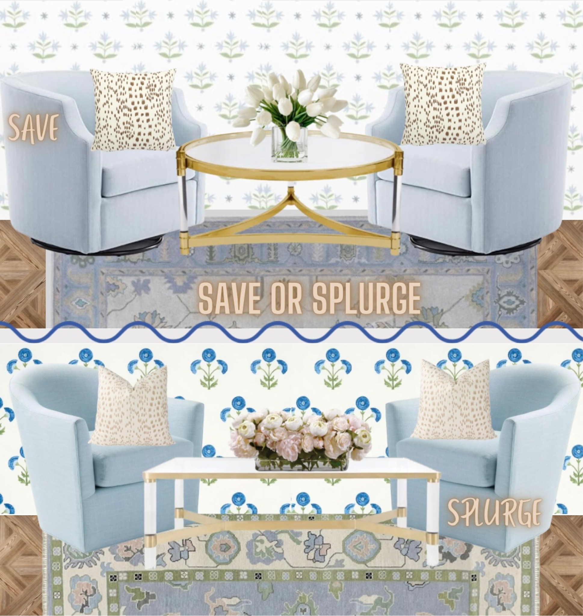 Budget // luxury // wallpaper // swivel chairs // faux tulips // throw pillows // Greek key // coffee table // Oushak Rug // blue chairs // dupe Oushak rug // faux peony // flower arrangement // lucite acrylic gold coffee table // block print // blue and white // grandmillennial // traditional home 

#LTKhome #LTKsalealert