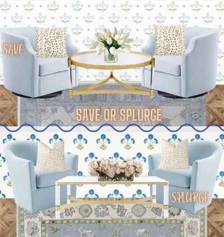 Budget // luxury // wallpaper // swivel chairs // faux tulips // throw pillows // Greek key // coffee table // Oushak Rug // blue chairs // dupe Oushak rug // faux peony // flower arrangement // lucite acrylic gold coffee table // block print // blue and white // grandmillennial // traditional home 

#LTKhome #LTKsalealert