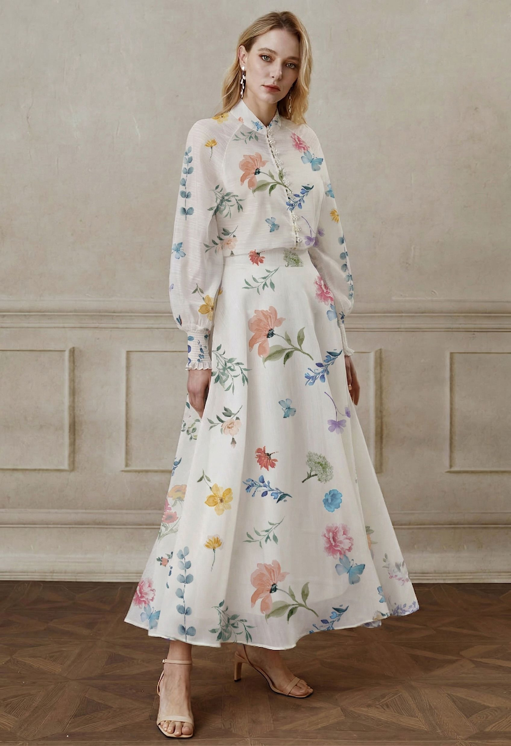 Vibrant Garden Organza Buttoned Top and Maxi Skirt Set in White for Garden Parties & Romantic Occ... | Chicwish