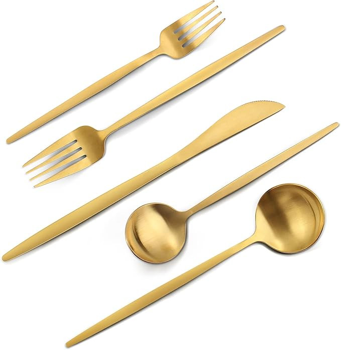 Matte Gold Silverware Set, VANVRO 20-Piece Stainless Steel Flatware Set, Satin Finish tableware C... | Amazon (US)