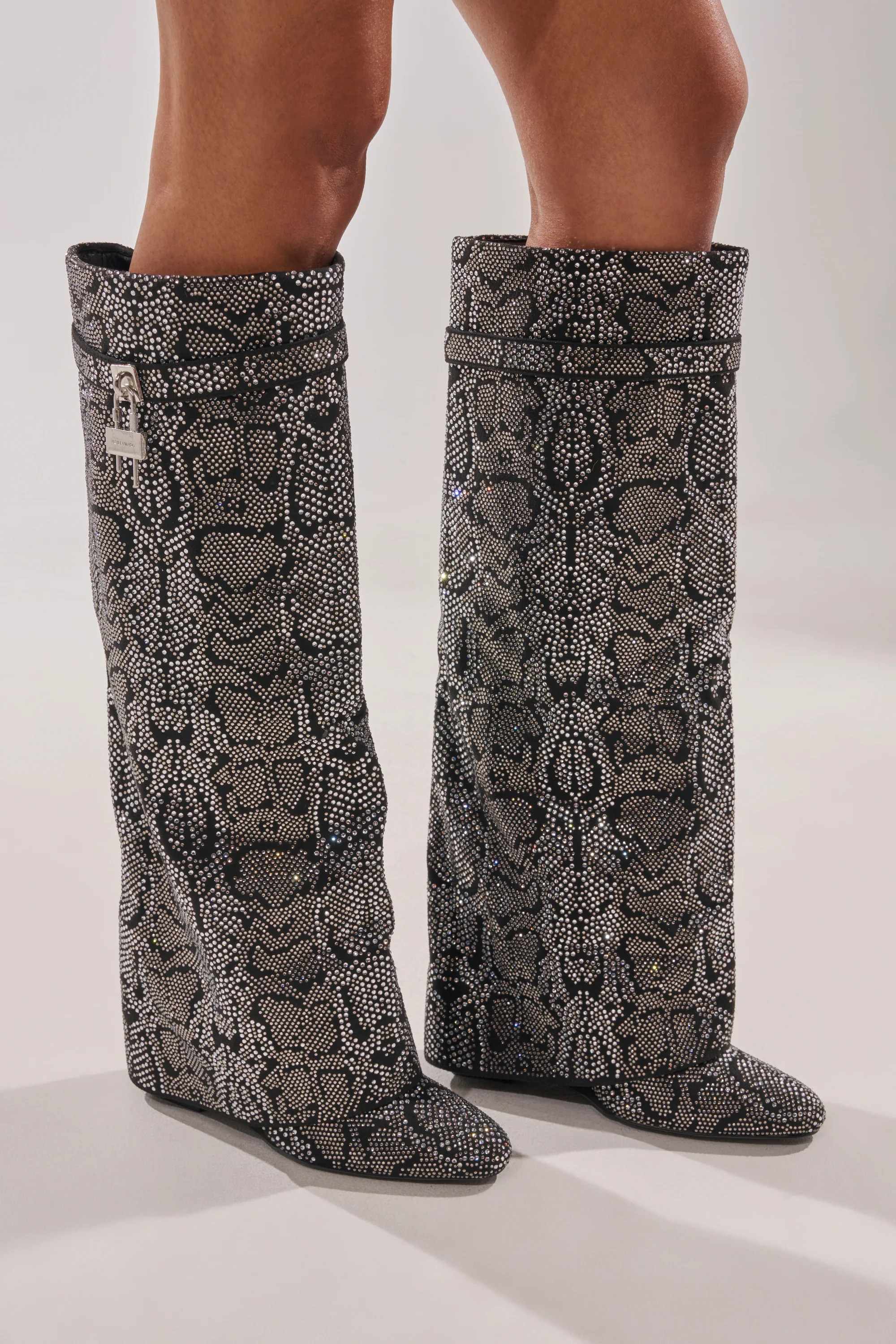 AZALEA WANG CAPRICORN RHINESTONE SNAKE PATTERN WEDGE FOLD OVER BOOT | AKIRA