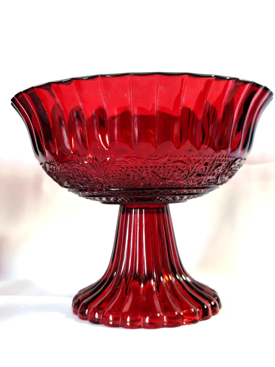 KIG Indonesia Ruby Red Fleur De Lis & Petal Flute Pressed Glass Pedestal Footed Fruit Compote Ser... | Etsy (US)