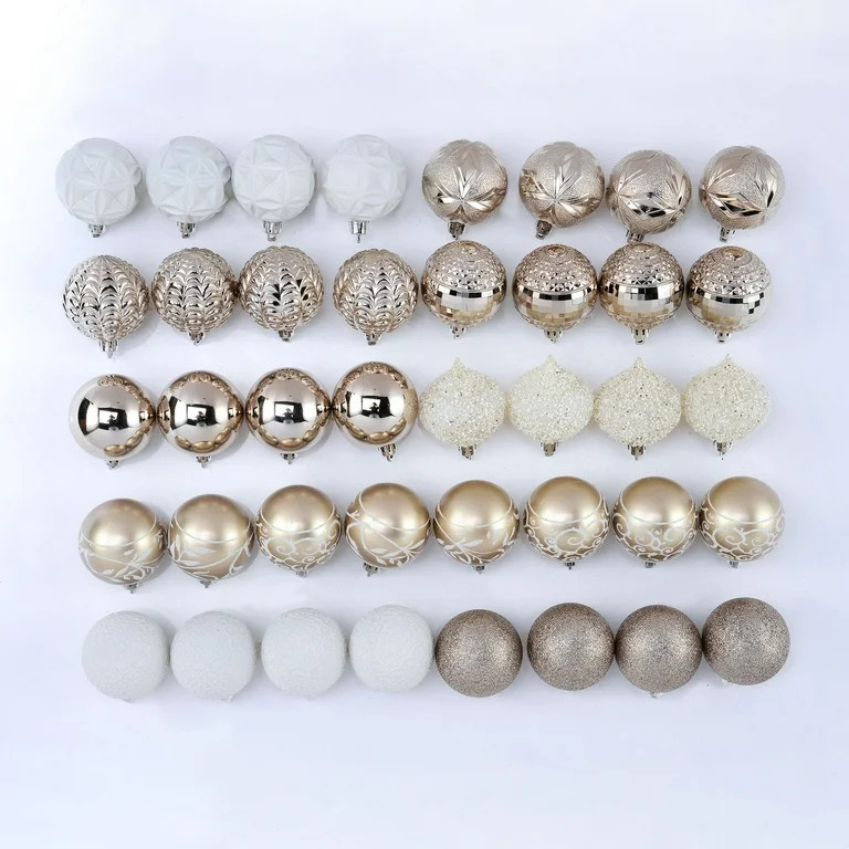 Holiday Time 60 mm Christmas Shatterproof Ornaments, Champagne Gold and White, 40-Count | Walmart (US)