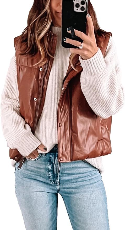 Mingzhu Faux Leather Puffer Vest for Women Sleeveless Winter Padded Jacket Vest Gilet | Amazon (US)
