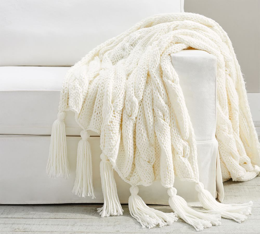 Bluma Chunky Knit Tassel Throw, 50 x 60"", Off White | Pottery Barn (US)