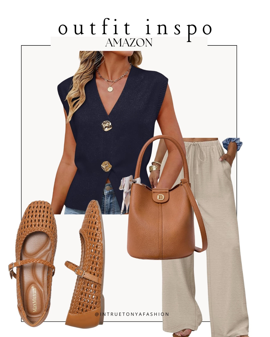 Sleeveless sweater vest with beige linen pants, brown bucket purse and brown ballet flats 







Amazon outfits, summer outfit inspo, outfit ideas, casual outfits amazon, amazon outfits every day, outfit ideas 2026, summer outfits, summer workwear 

#LTKSaleAlert #LTKootd #LTKWorkwear