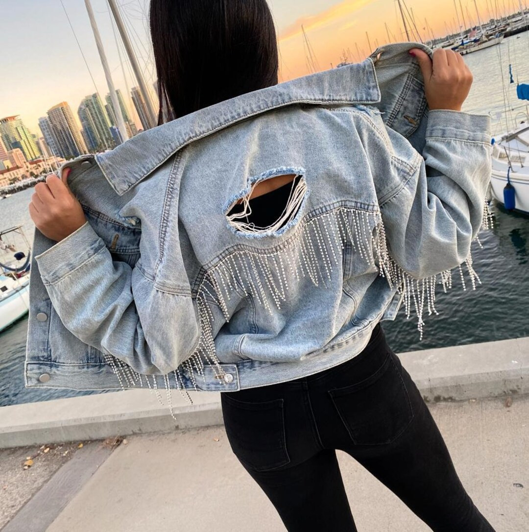 Rhinestones fringe Jean Jacket • Women’s jacket • Oversized ripped jacket • Fringe Rhines... | Etsy (US)