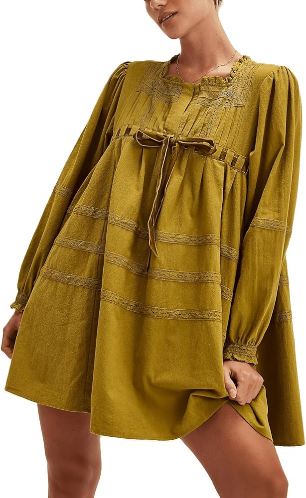 Women Bow Tie Front Mini Dresses Floral Embroidery Short Flowy Babydoll Dress Cute Long Sleeve Tu... | Amazon (US)