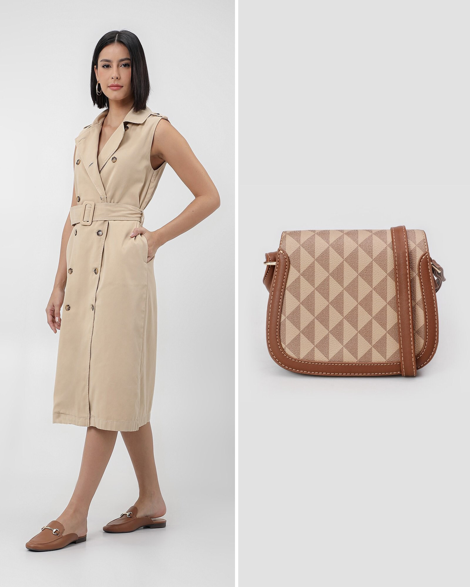 Kit vestido trench coat com cinto + bolsa transversal P multicor | Riachuelo | Riachuelo (BR)