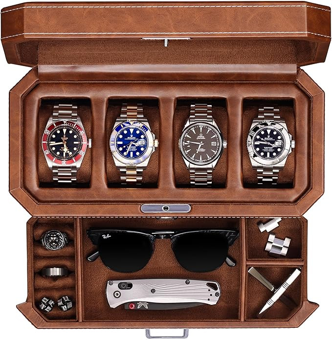 ROTHWELL 4 Slot Leather Watch Box with Valet Drawer - Luxury Case Display Jewelry Organizer, Lock... | Amazon (US)