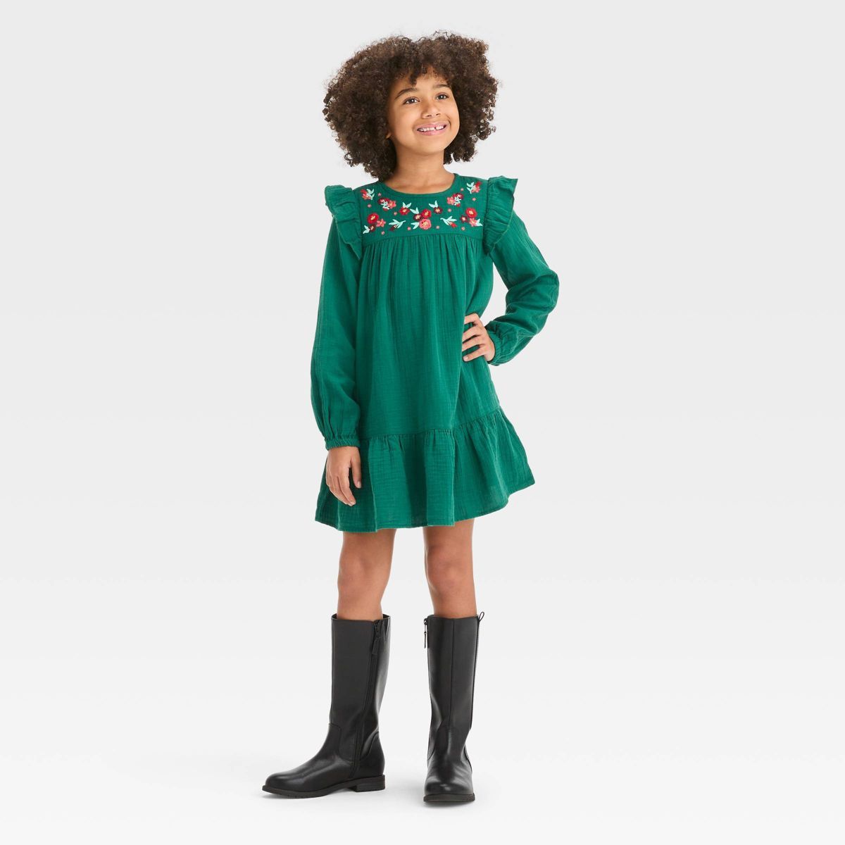 Girls' Long Sleeve Woven Floral Dress - Cat & Jack™ Forest Green | Target