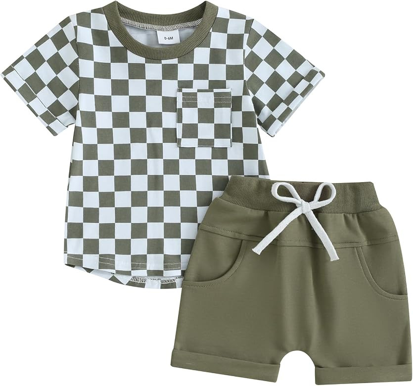 Toddler Baby Boy Girl Summer Clothes Checkerboard Print Short Sleeve T-Shirt Tee Tops Rolled Shor... | Amazon (US)